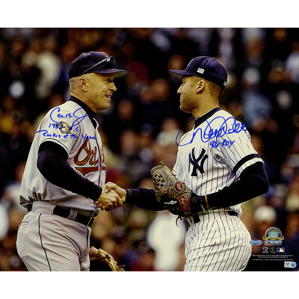 Cal Ripken Jr. & Derek Jeter Dual Signed Shaking Hands 16x20 Photo w/ "1982 AL Rookie of the Year" Insc. by Ripken Jr. & "96 ROY" Insc. by Jeter - Memorabilia - SPORTSCRACK