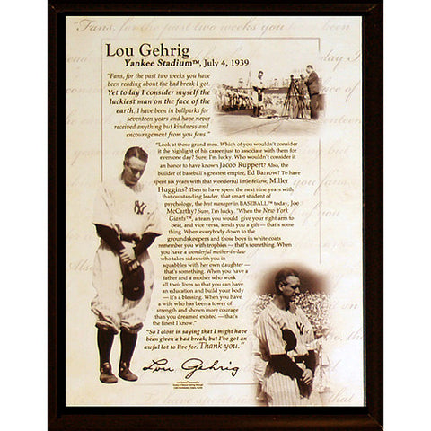 Lou Gehrig Speech 8x10 Plaque