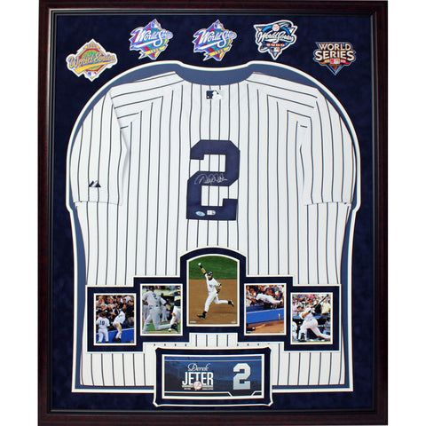 Derek Jeter Signed Yankees Home Jersey Framed w/ Career Moments Images and 5 WS Patches (32x40 6443)