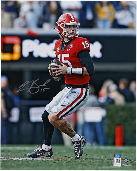 Carson Beck Georgia Bulldogs Autographed Fanatics Authentic 16" x 20" Vertical in Red Jersey Photograph