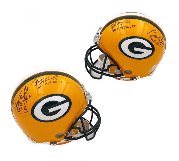 bart starr signed football helmet Favre, Starr, Taylor, & Hornung Signed Green Bay Packers MVPs Current – SPORTSCRACK