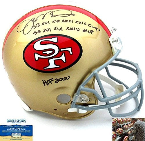 Joe Montana Autographed/Signed San Francisco 49ers Riddell Throwback Authentic NFL Helmet With Career Stats Inscription - LE #16 Of 16