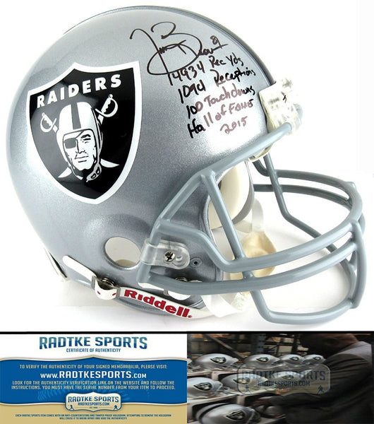 Tim Brown Autographed/Signed Oakland Raiders Riddell Authentic NFL Helmet with Career Stats Inscription