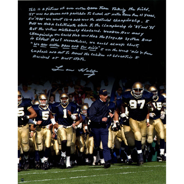 Lou Holtz Running out Notre Dame Tunnel Signed Vertical 16x20 Story Photo