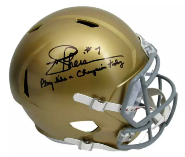 Joe Theismann Signed Notre Dame Full Size Riddell Speed Replica Helmet with Play Like a Champion Today inscription
