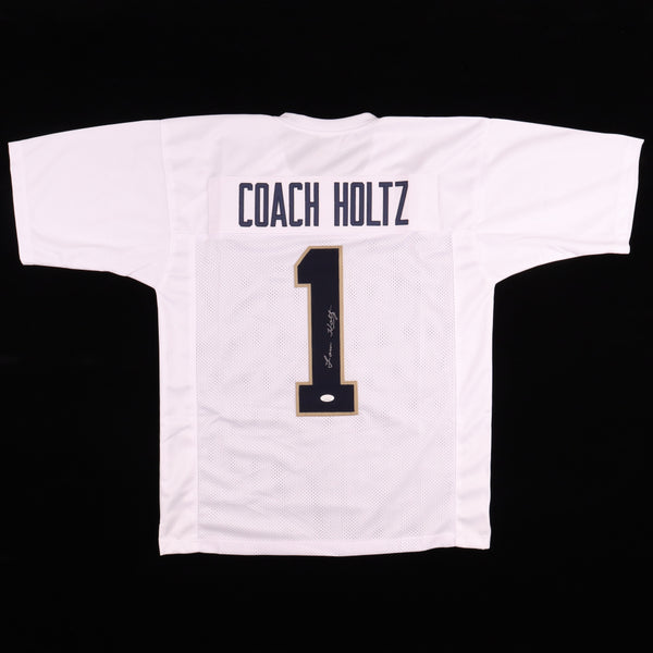 Lou Holtz Signed Notre Dame #1 White Jersey