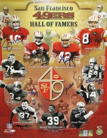 San Francisco 49ers Autographed/Signed Hall Of Famers 16x20 Photo Featuring Montana, Rice, Young, & Lott