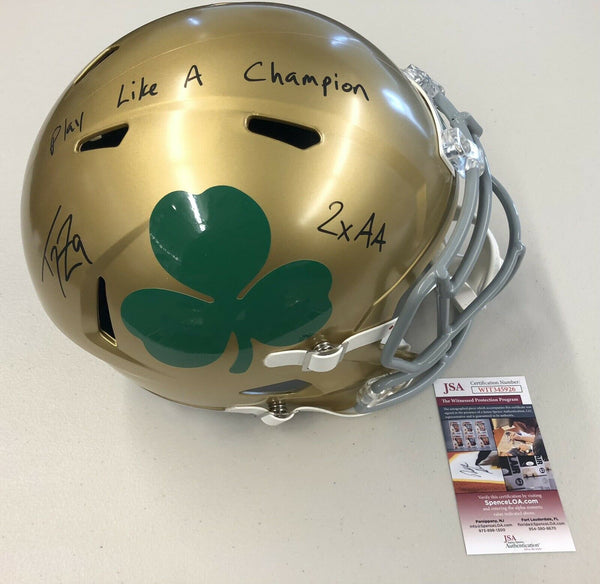 Tommy Zbikowski Signed Notre Dame Full Size Shamrock Helmet with "Play Like A Champion" inscription