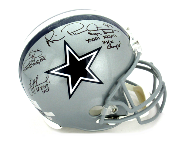 Troy Aikman, Michael Irvin & Emmitt Smith Signed Dallas Cowboys Riddell Full Size NFL Helmet With Super Bowl Inscriptions